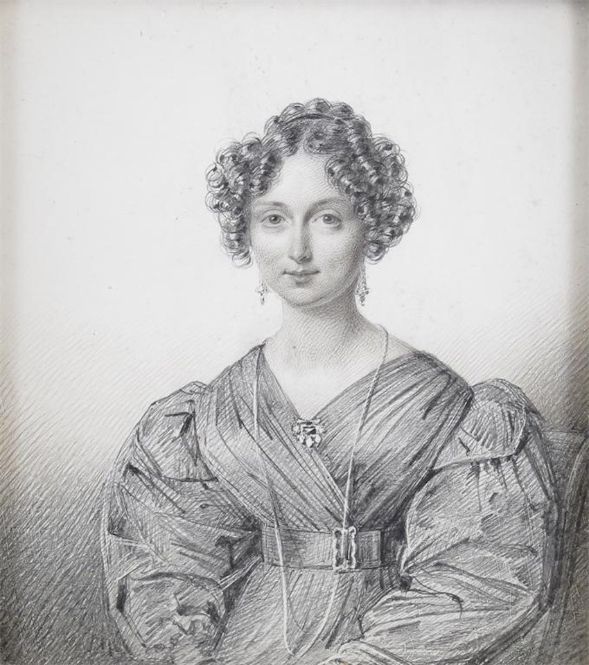 Portrait of Mrs Bouverie, three-quarter length, seated, facing left by English School