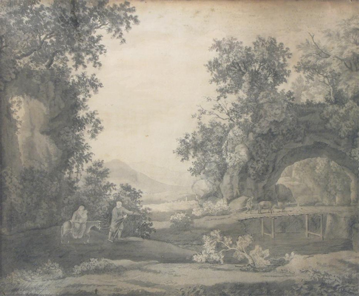 Classical harbour with figures on the shore; The flight into Egypt by English School