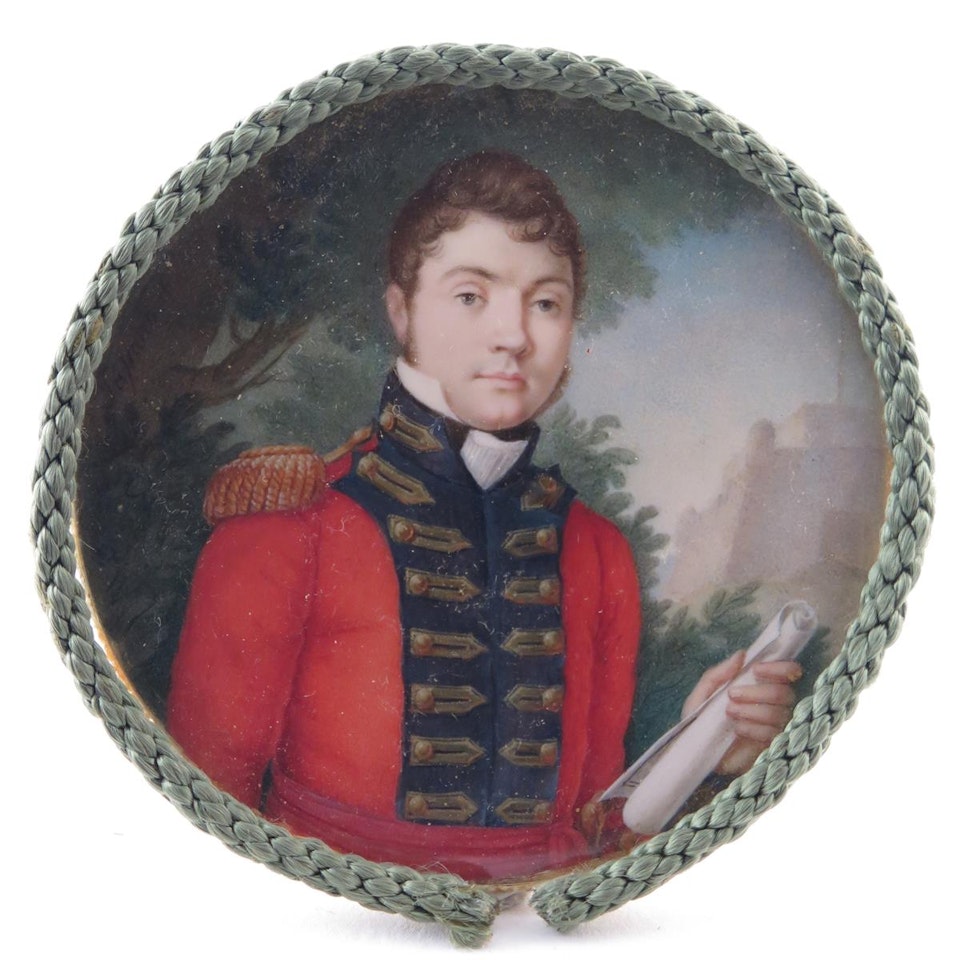 Portrait miniature of Captain James Birch R.E.; head and shoulders, standing in a landscape, a castle beyond by English School