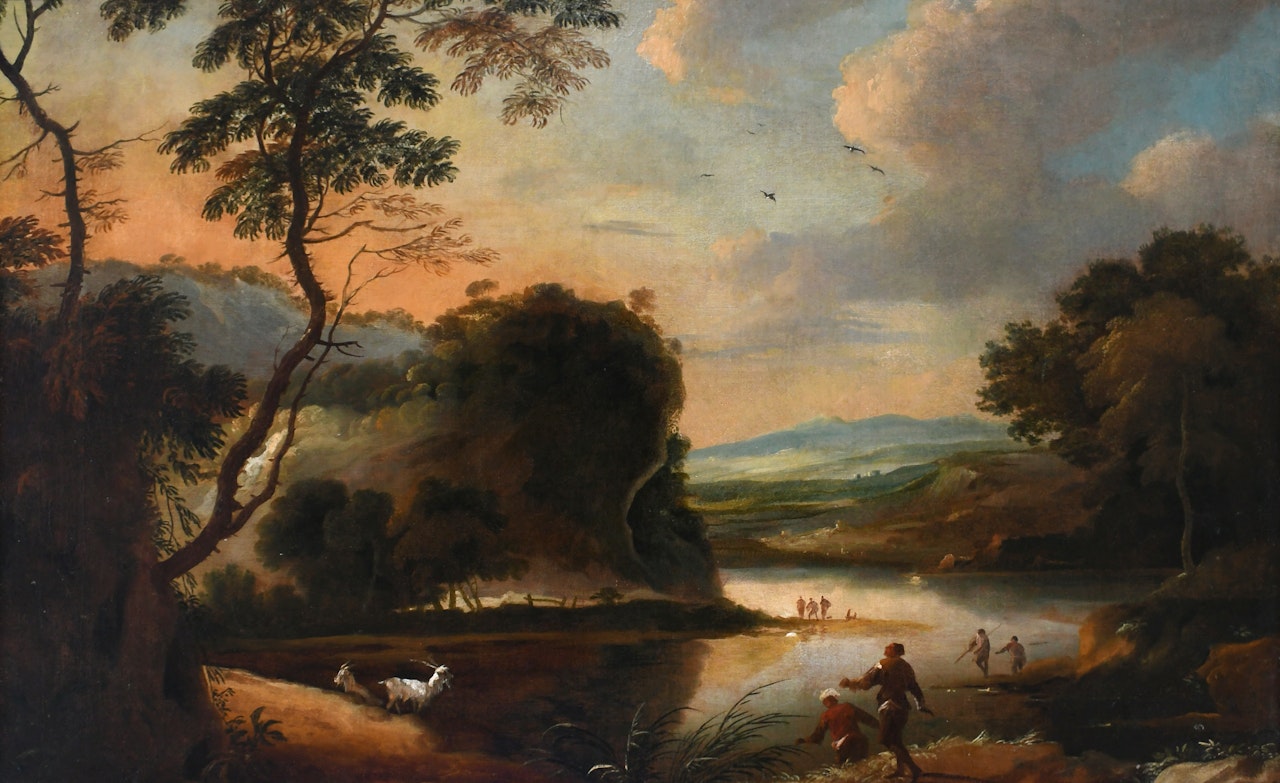 Italianate landscape with figures and goats by a lake by Dutch School