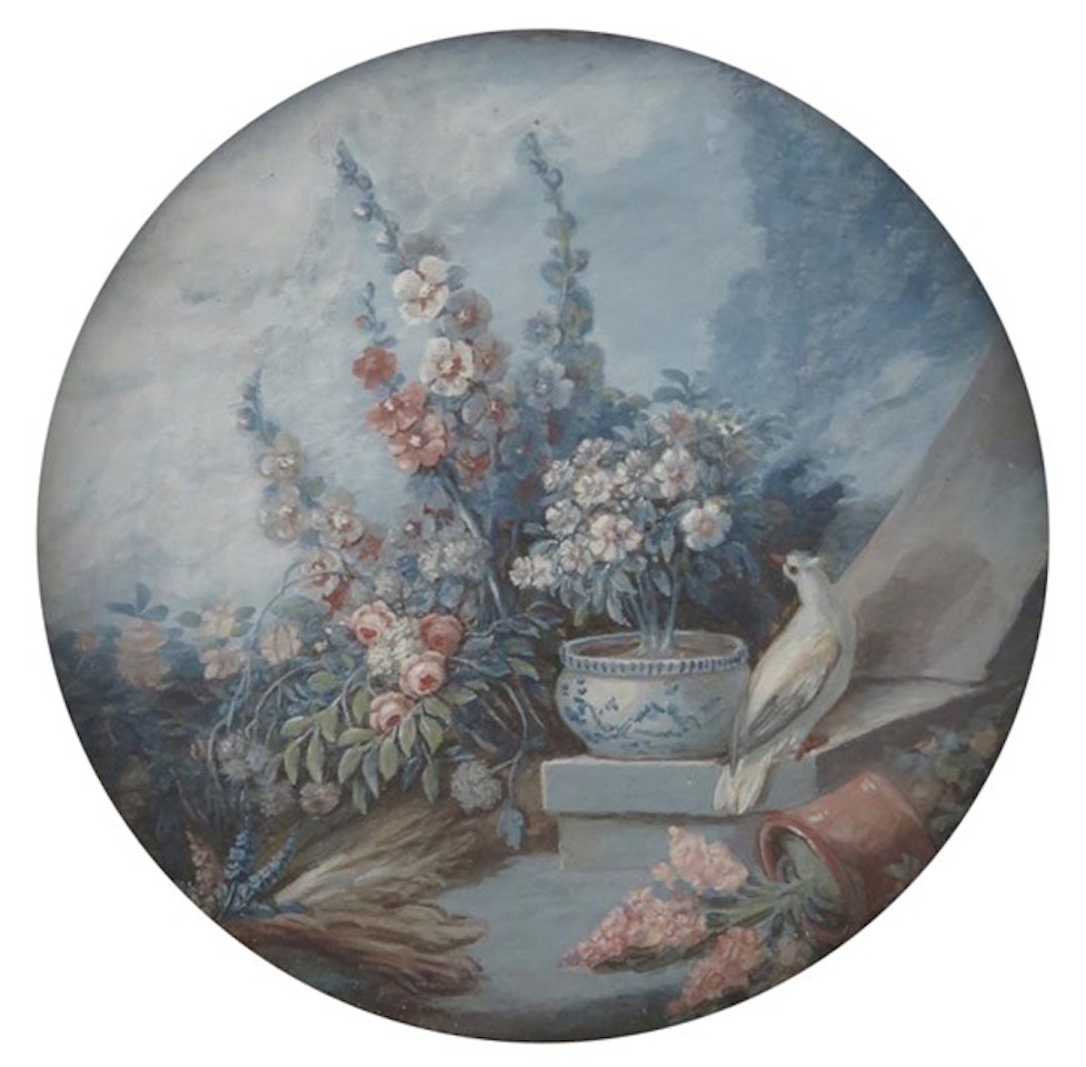 Still life of hollyhocks, roses, flowers and a dove in a landscape by Dutch School