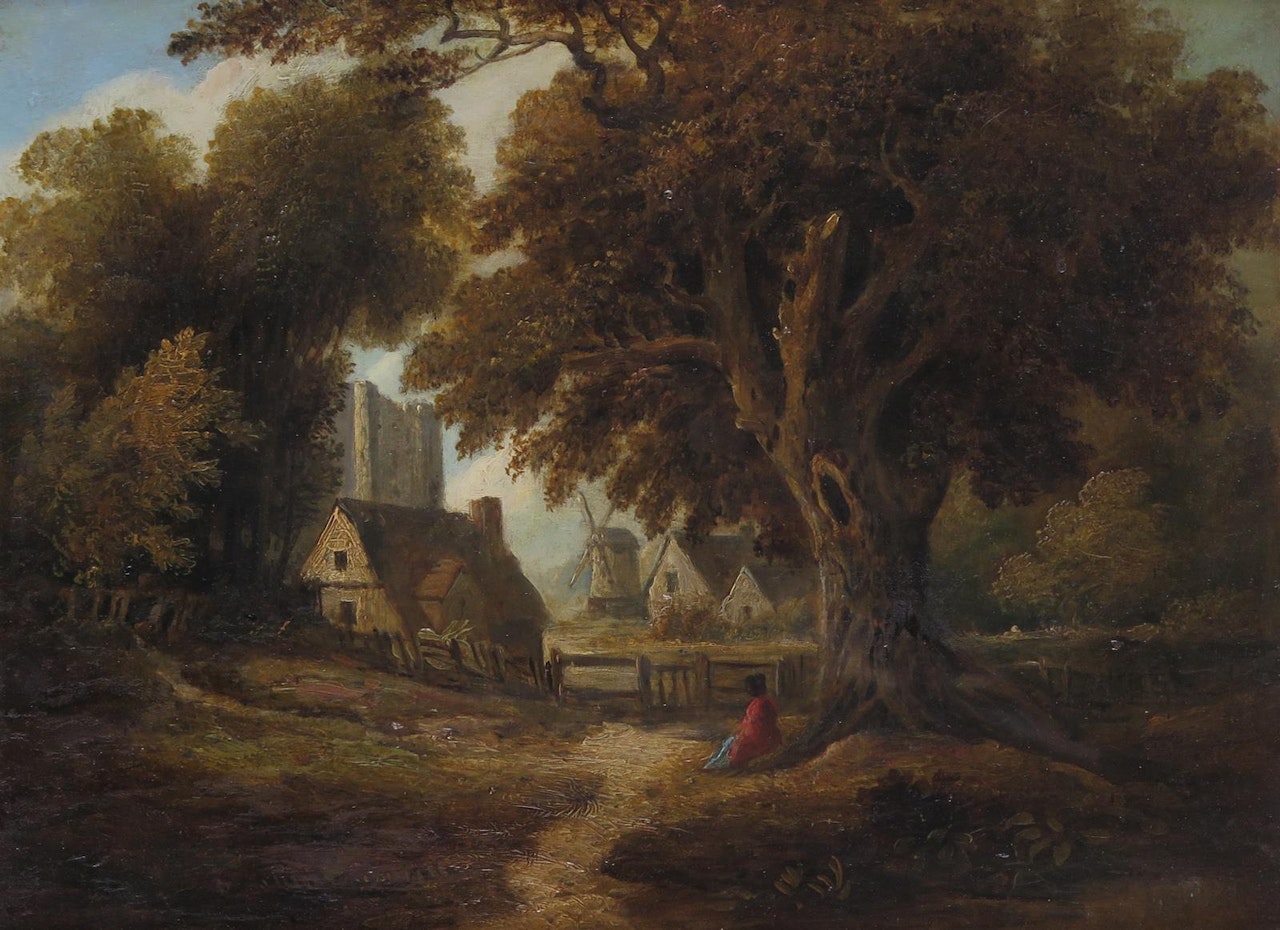 A figure in a wooded landscape, a castle and windmill beyond by English School