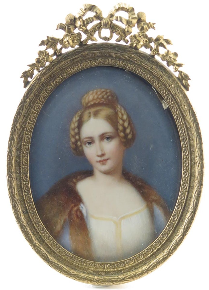 Portrait of a young lady with plaited hair and a fur wrap by English School