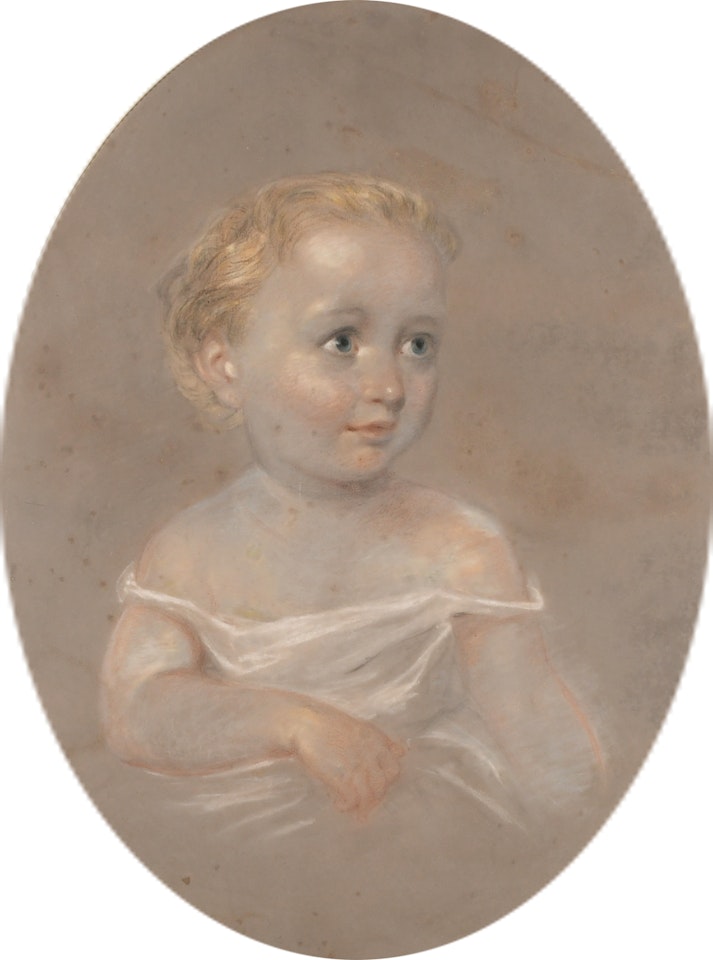 Portrait of a young child wearing a white dress by English School