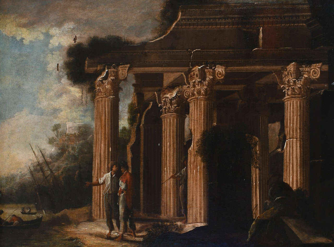 Figures amongst ruins on the shore by Viviano Codazzi