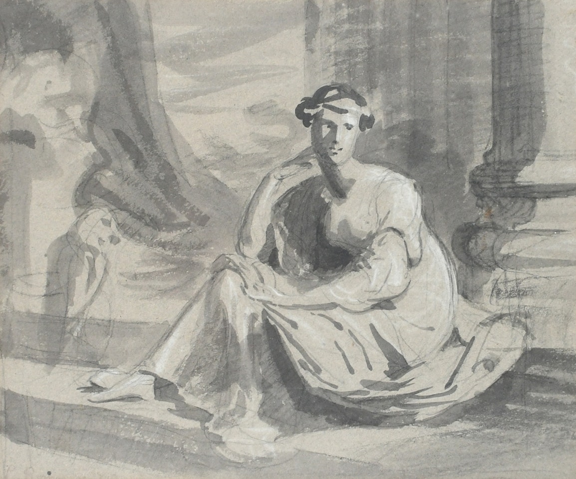 Classical maiden seated by a column by English School