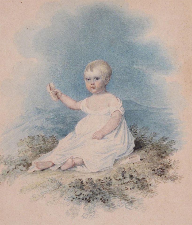 A child seated in a landscape by English School