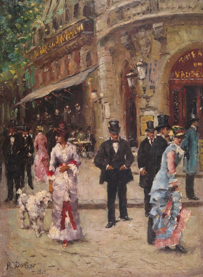 Elegant figures by The Vaudeville Theatre, Paris by French School