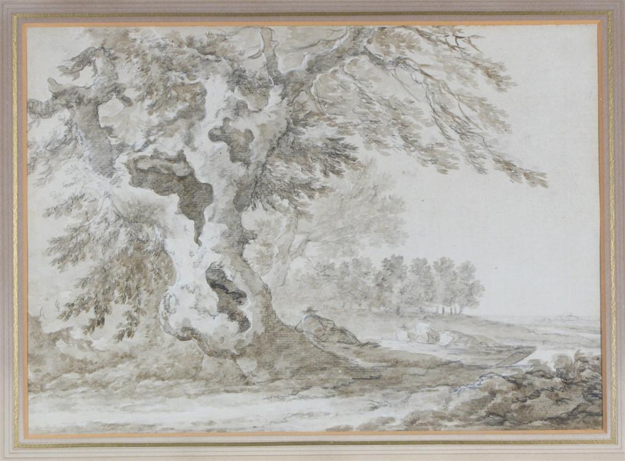 Figures in a boat by an old tree by English School