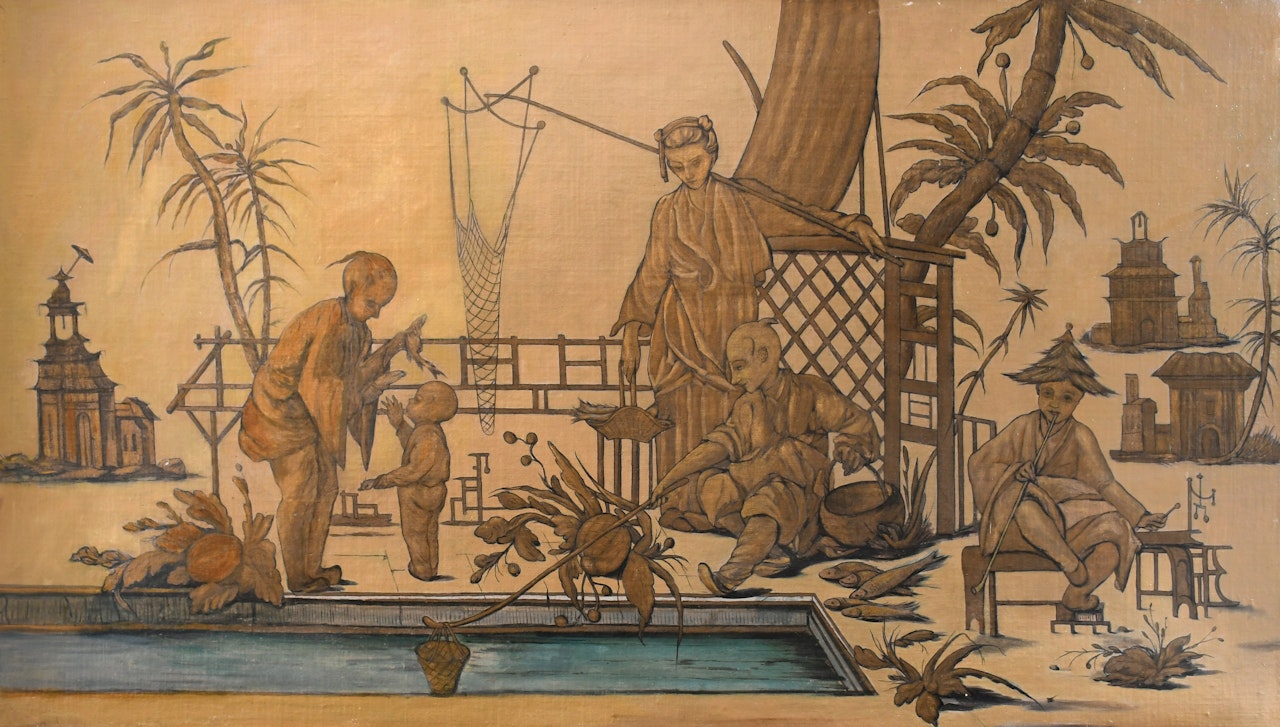 Chinoiserie scene with figures fishing by a pond by French School