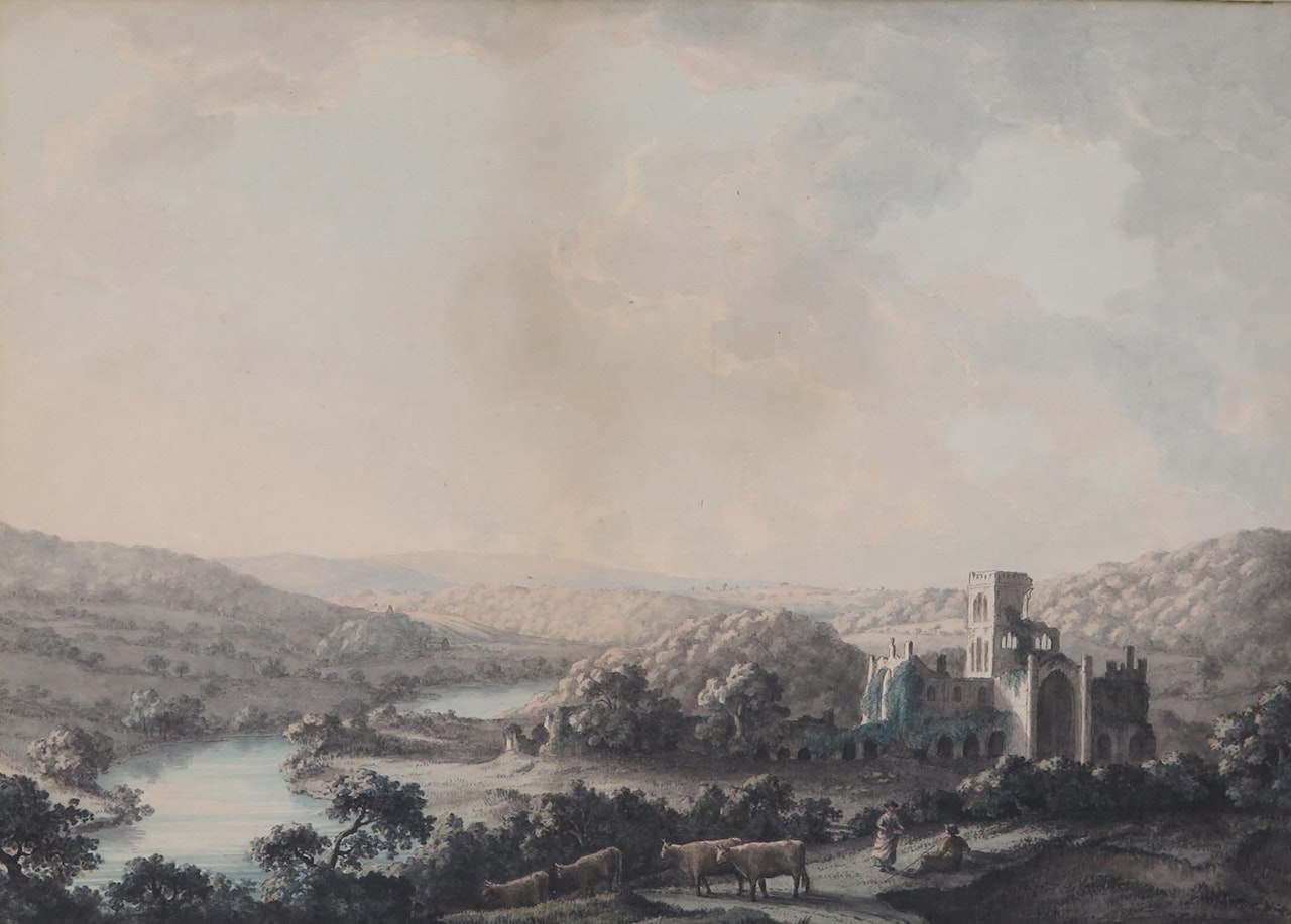 A ruined abbey by a river, possibly Fountains Abbey by English School
