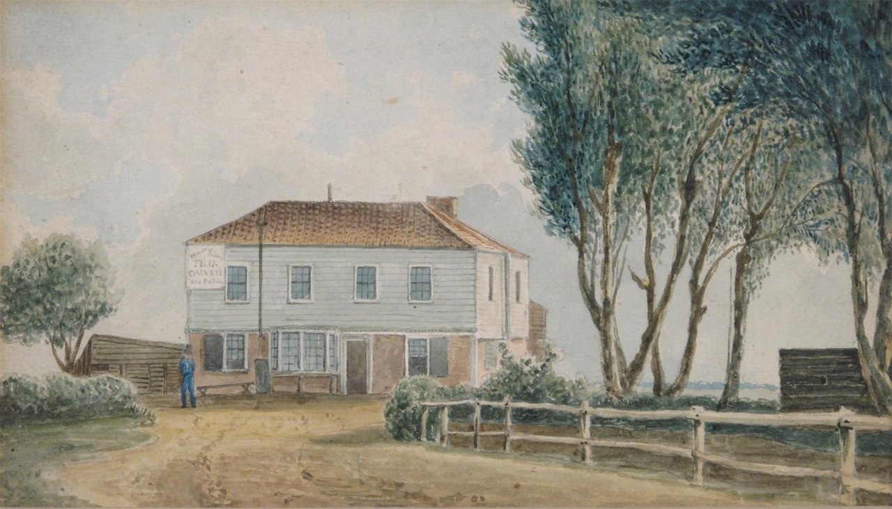 A view of the Thames; White House, Hackney Marsh; Hughes Walthamstow Ferry; Bower Banks, Tottenham; The Crown, Tewardstone; Hope and Groom, Lea Bridge by English School