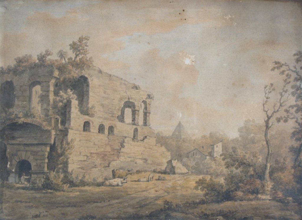 Capriccio of ruins with the Pyramid of Cestius beyond by English School