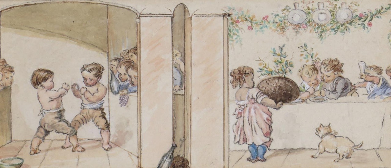 Children playing at Christmas, with children boxing and cooking by English School