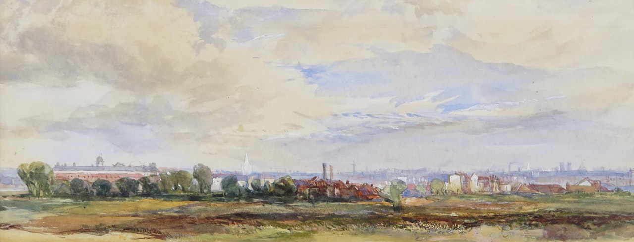 A view of city on a river, possibly London by English School