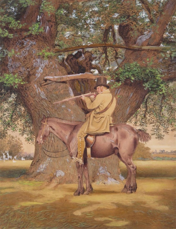 A gamekeeper taking aim from his horse by English School