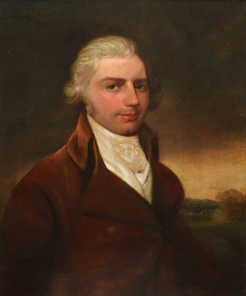 Portrait of a gentleman, half-length in a landscape, wearing a brown coat by English School