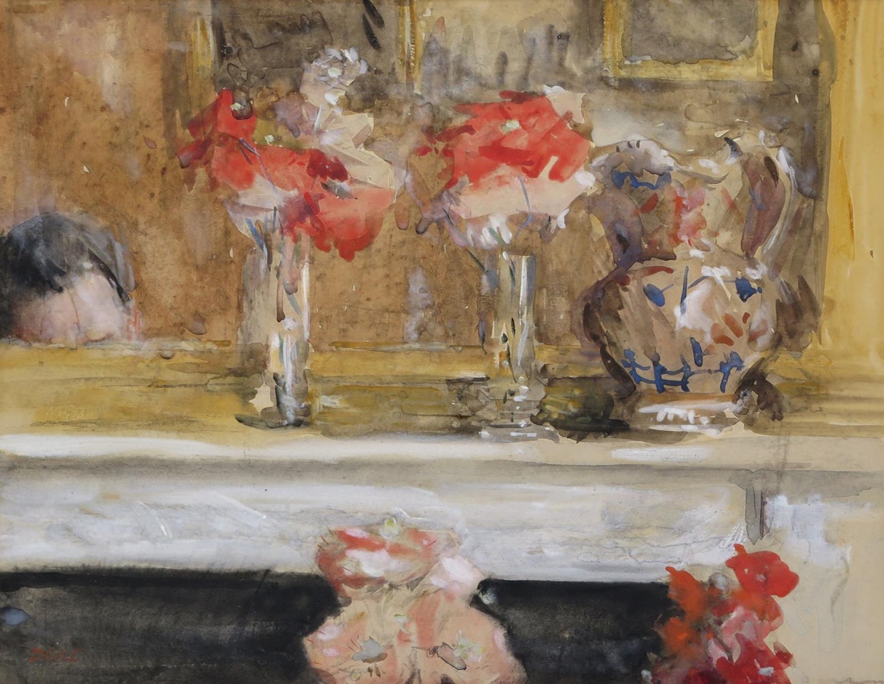 Still life of flowers and a jug on a mantelpiece by English School