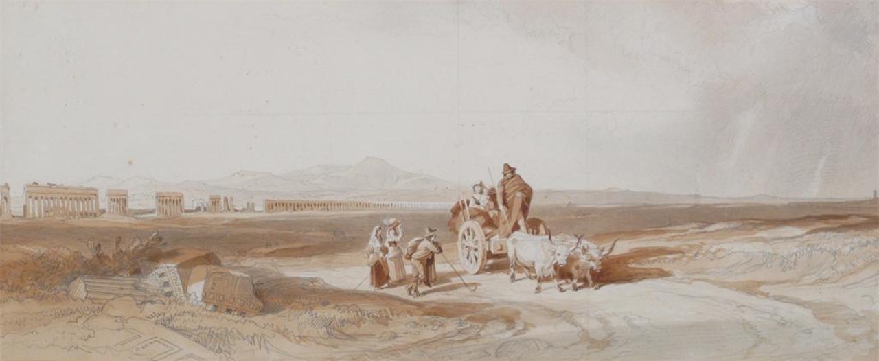 A view of the Roman Campagna with figures and an ox cart in the foreground by English School
