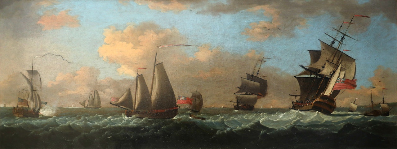 An admiral yacht, man-o-war and other ships in coastal waters by Francis Swaine