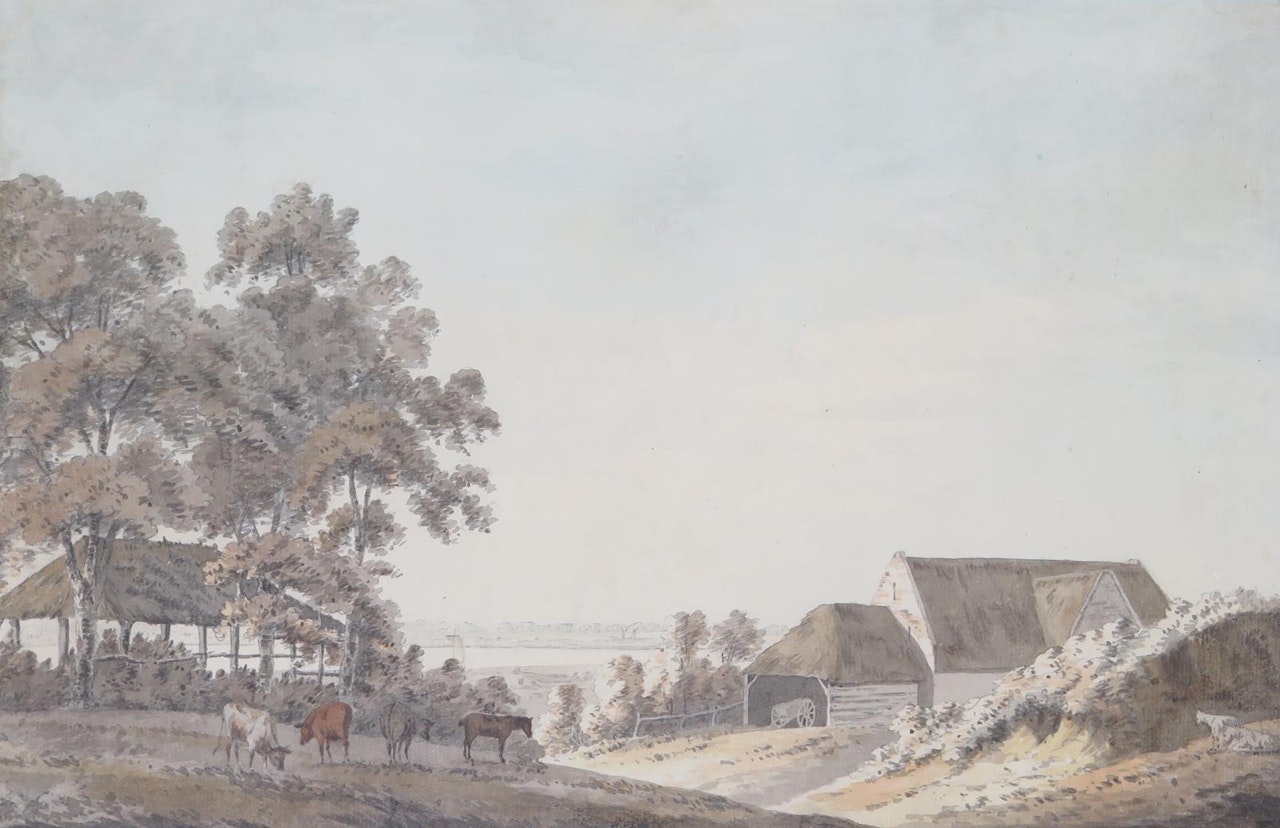 Cattle by a farmstead and barns with a river beyond by English School