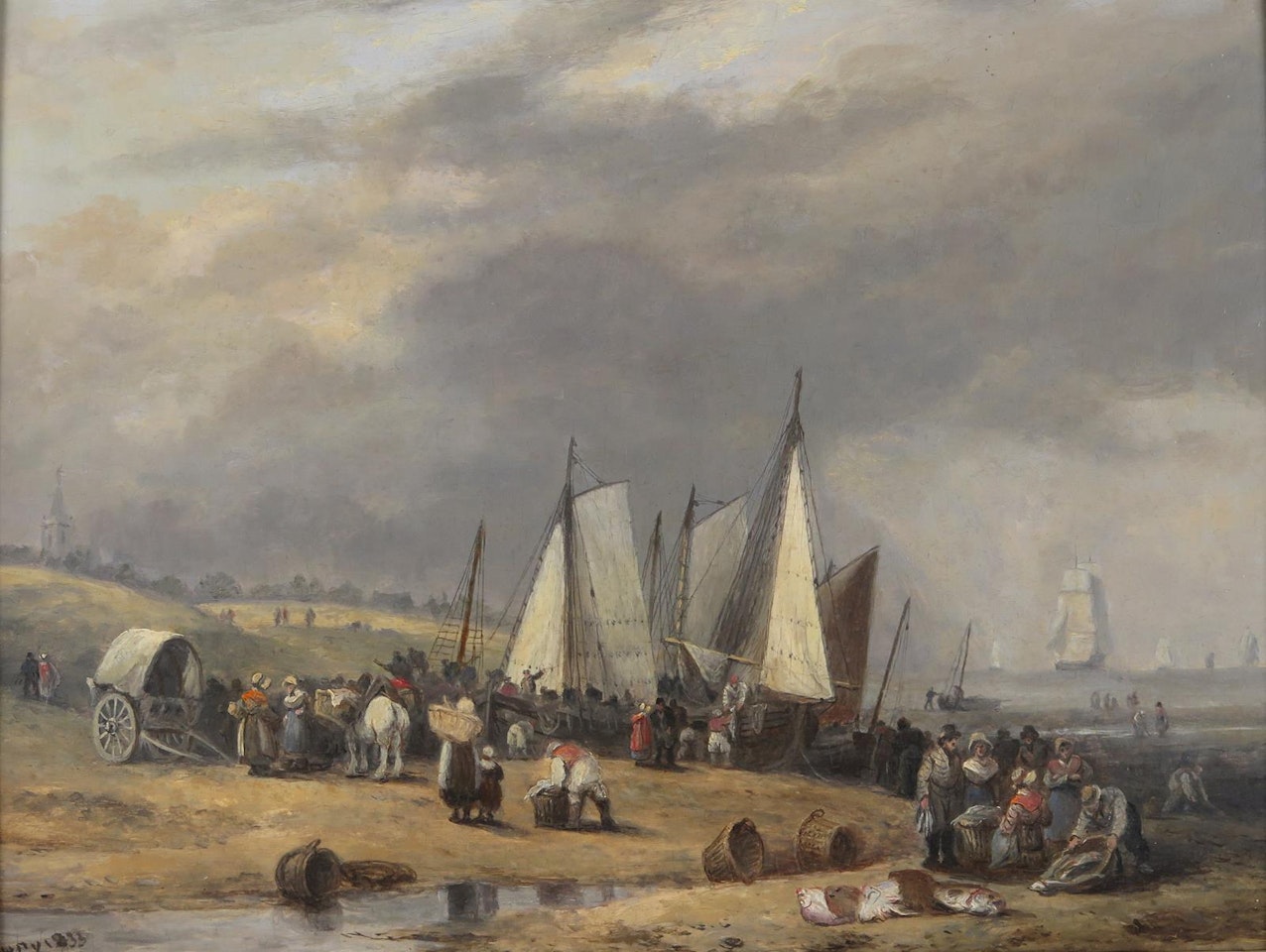 Coastal scene at low tide with numerous fishermen on a beach by Thomas Luny