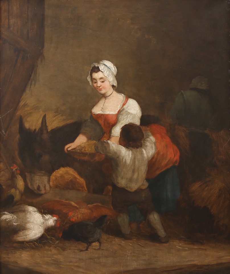 A mother and child feeding chickens and a donkey in a stable by English School