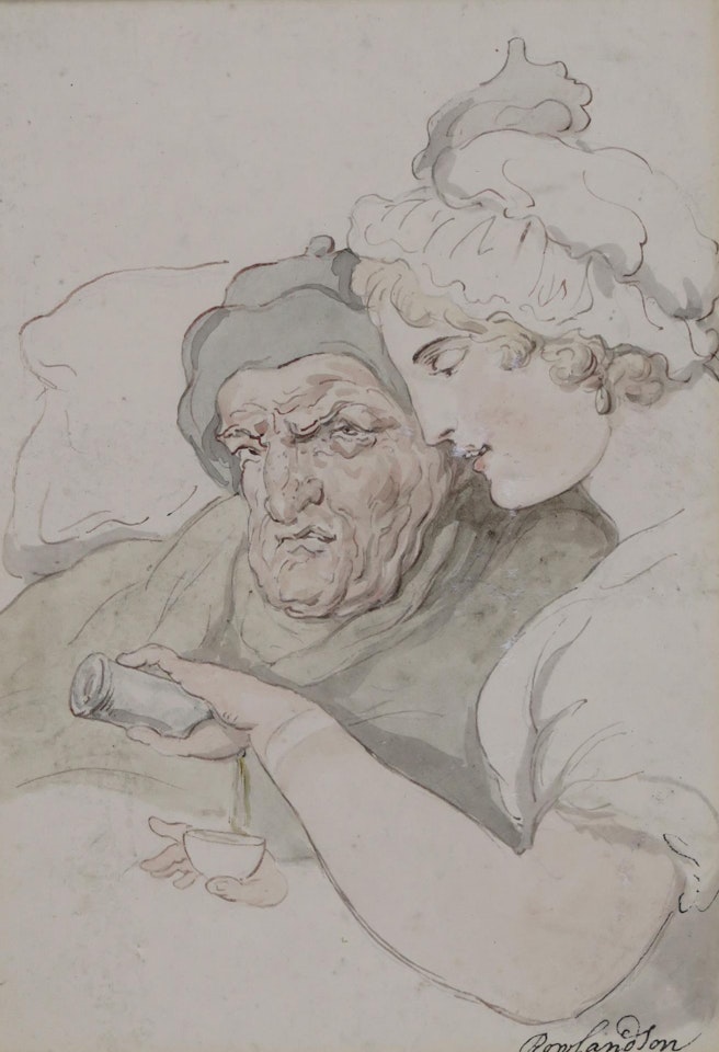 An elderly man with nurse by Thomas Rowlandson