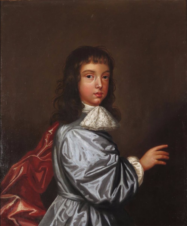 Portraits of a boy wearing blue and a girl wearing white with a blue sash and pearls by English School