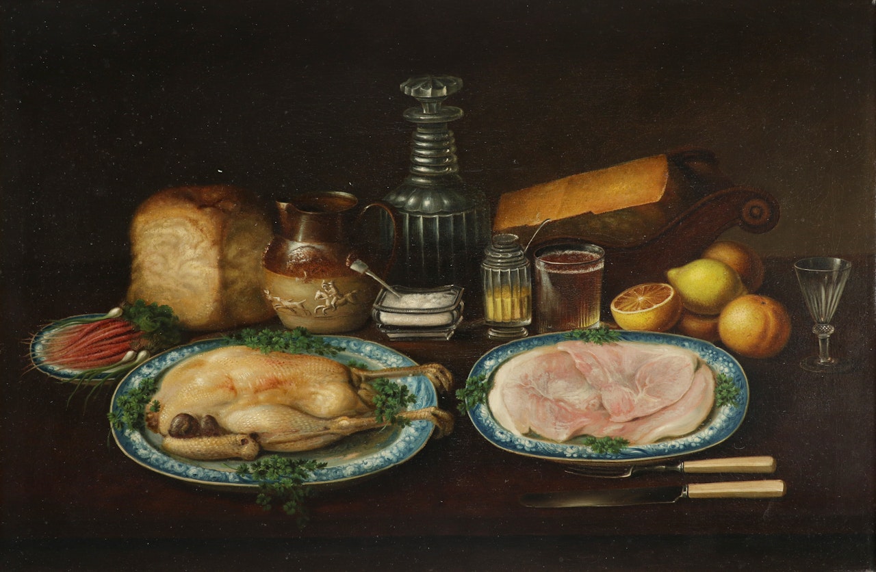 Still life with meat, bread, cheese, fruit and vegetables on a table by English School