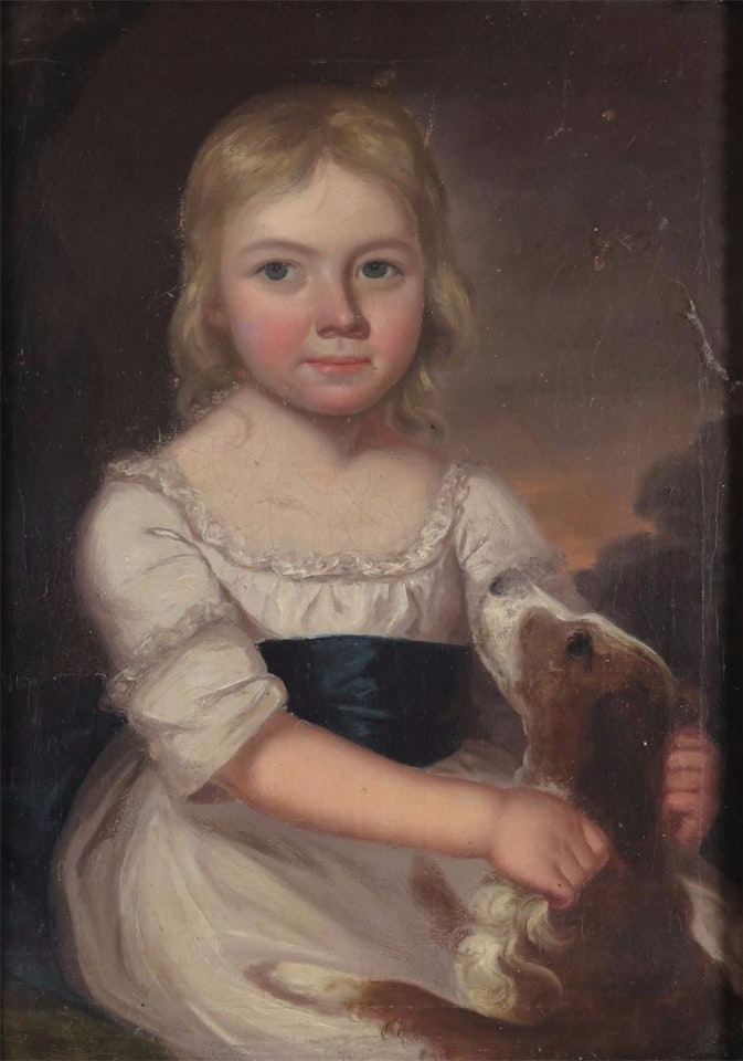Portrait of a girl with her pet dog in a landscape by English School