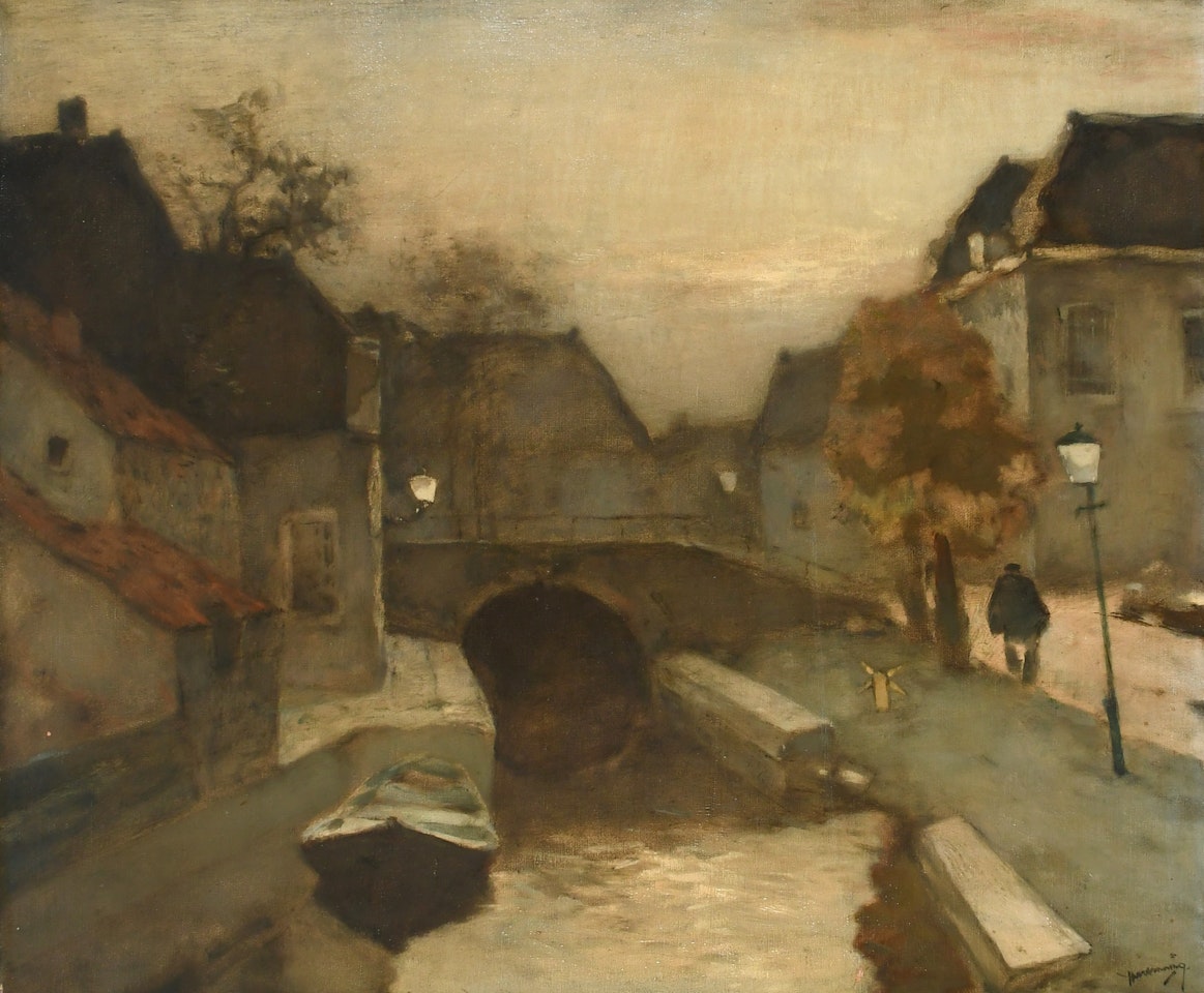 Townscape with a figure by a canal at dusk by Dutch School