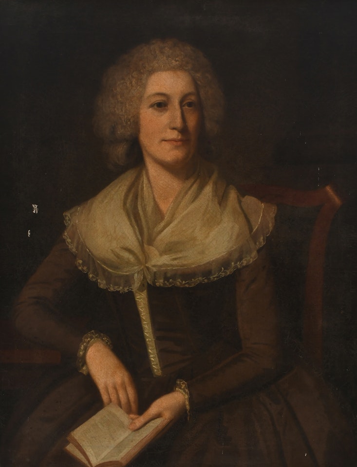 Portrait of a lady, traditionally identified as Ann Steavenson (née Langhorn), seated in an interior holding a book by English School