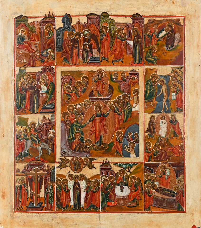 Icon of the Resurrection surrounded by the twelve major feasts of the church by Russian School