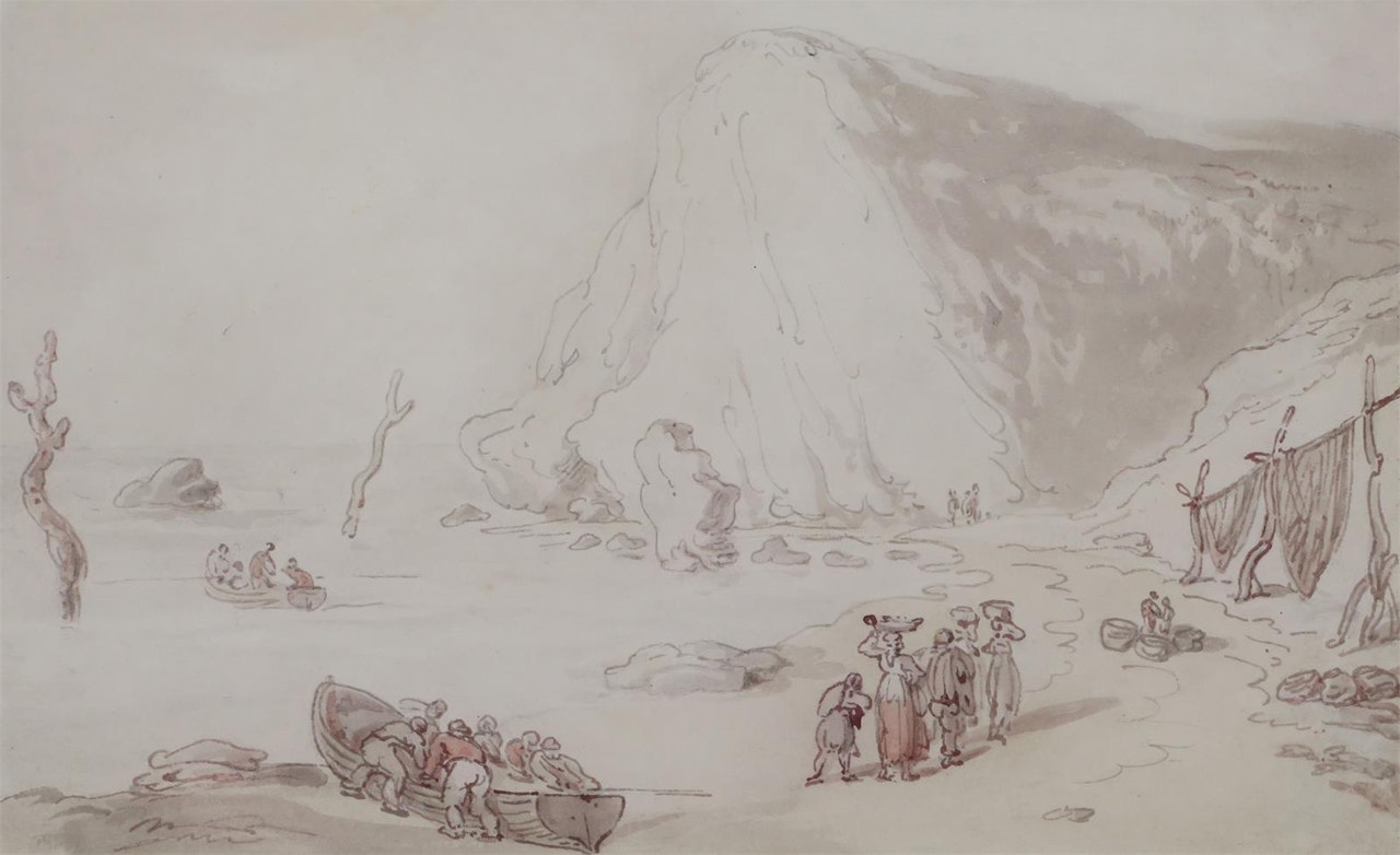 Fisherfolk on the shore in Cornwall by Thomas Rowlandson