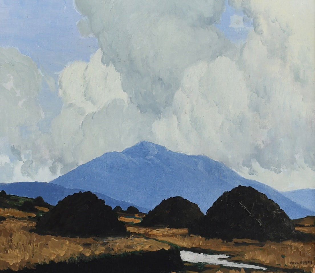Irish landscape with turf stacks, and mountains beyond by Paul Henry