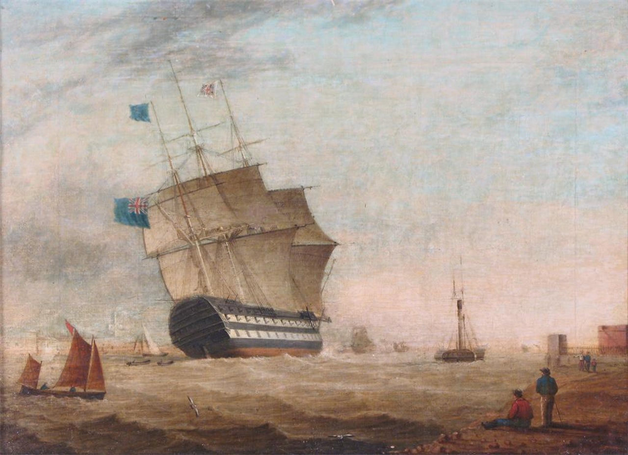 A three deck naval ship leaving a harbour, possibly Portsmouth by English School