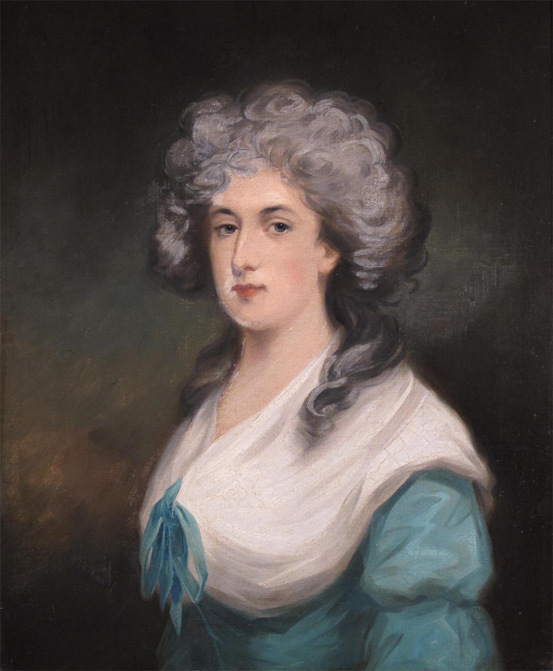 Portrait of a lady in a blue and white dress by English School
