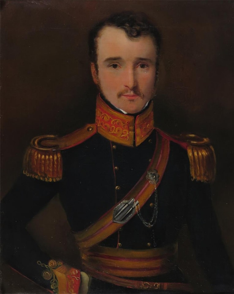 Portrait of an Officer of the 3rd (King"s Own) Light Dragoons, half length wearing uniform by English School