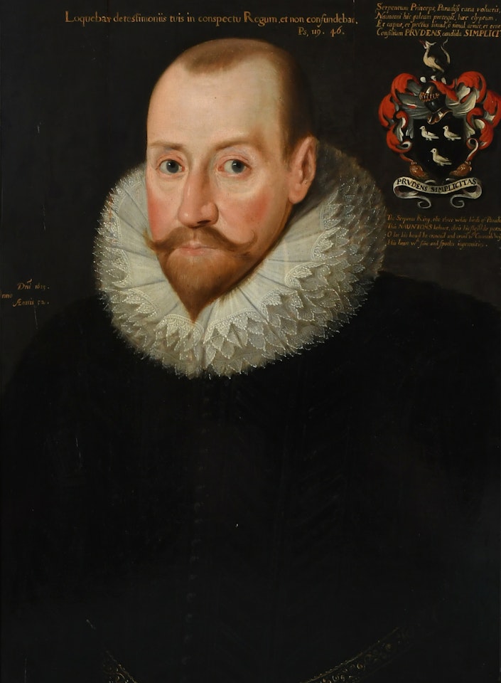 Portrait of Sir Robert Naunton (1563-1635), aged fifty-two, half-length, wearing a black doublet and linen ruff by English School