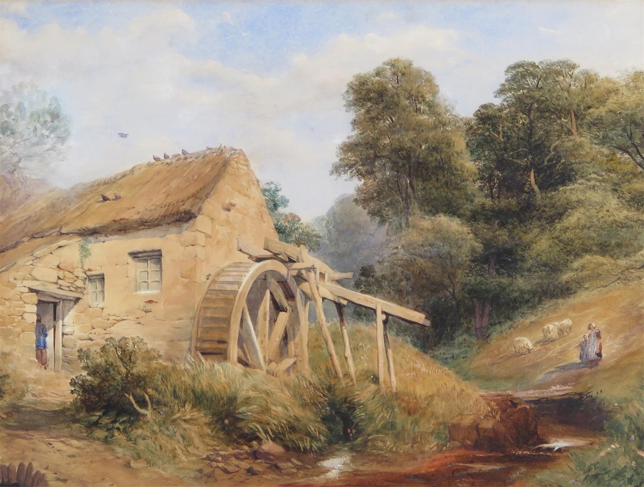 A mother and daughter by a stream and mill by English School