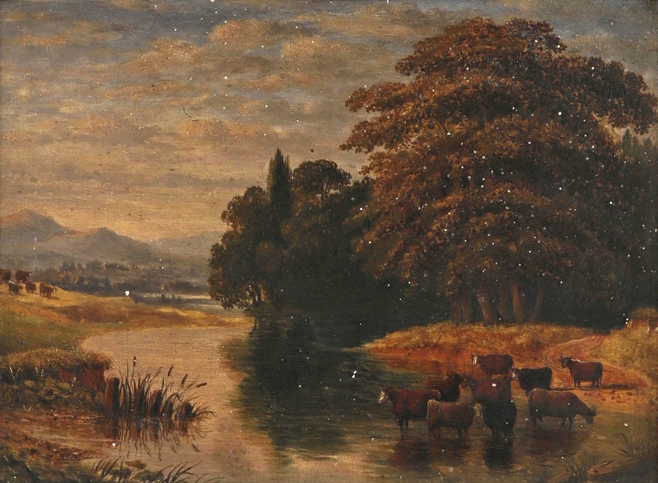 Cattle watering in a river landscape; Lake scene with a shrine by English School