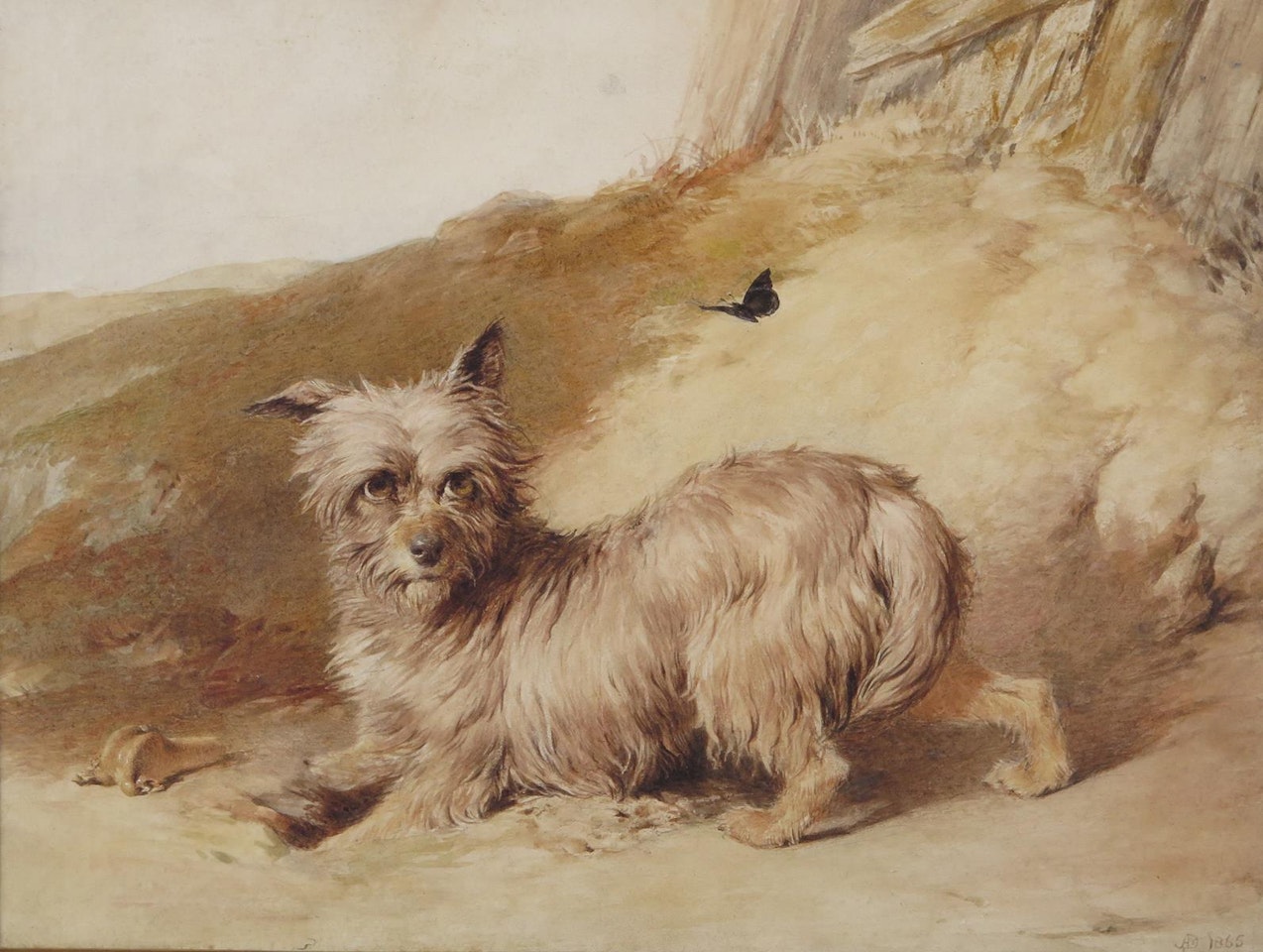 A terrier and a butterfly in a landscape by English School