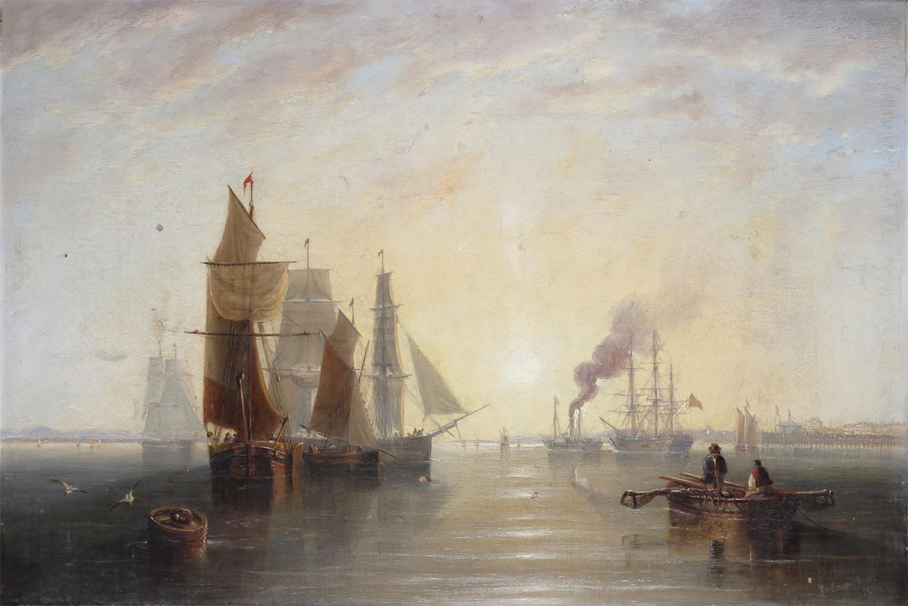 Shipping in a calm sea off the coast, a pier beyond by John Wilson Carmichael