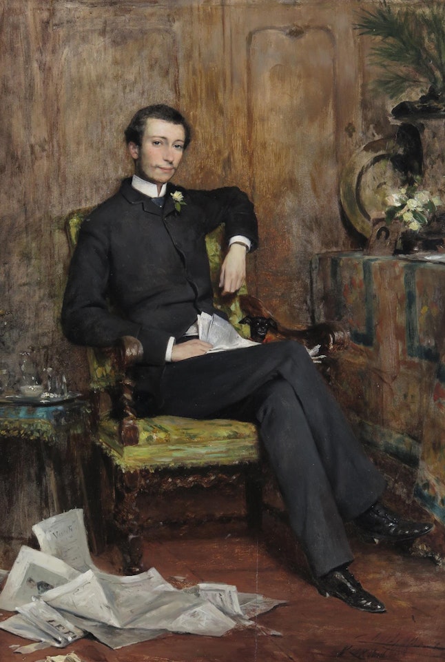 Portrait of a gentleman, full length, seated with his dog and holding a newspaper by Theobald Chartran