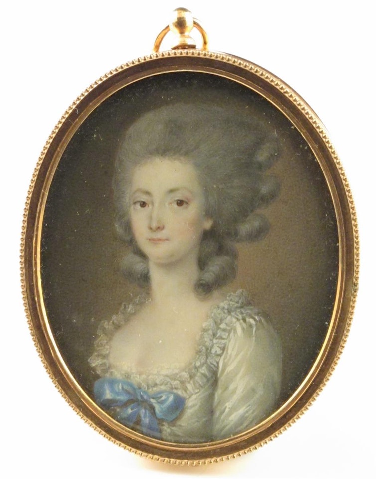 A lady, head and shoulders, with a blue bow on her dress, facing left by French School