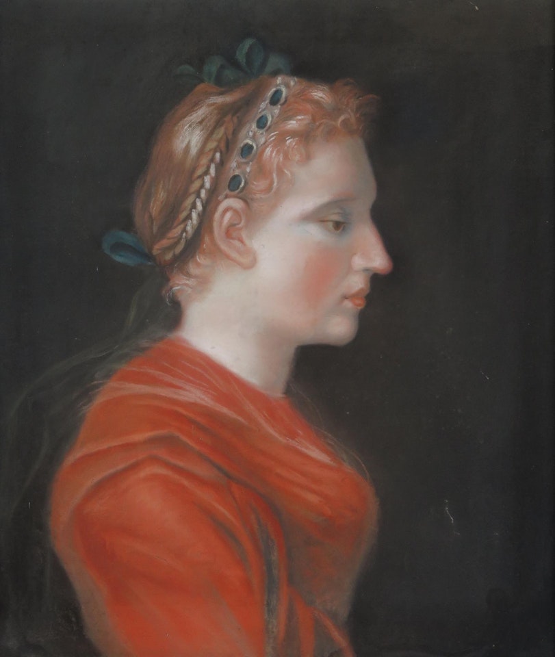 Portrait of a lady in profile wearing a red dress by English School