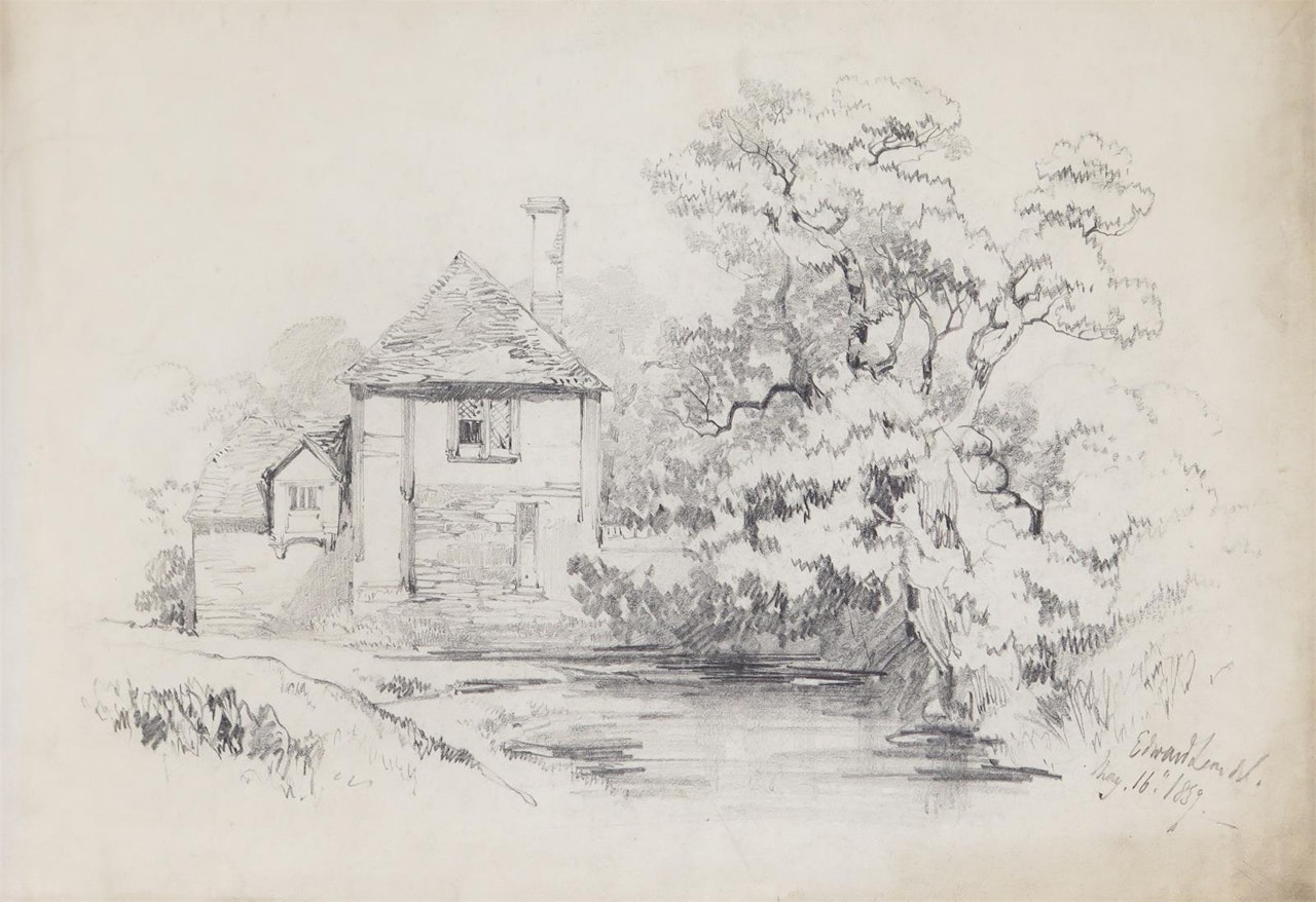 A cottage by a stream by Edward Lear