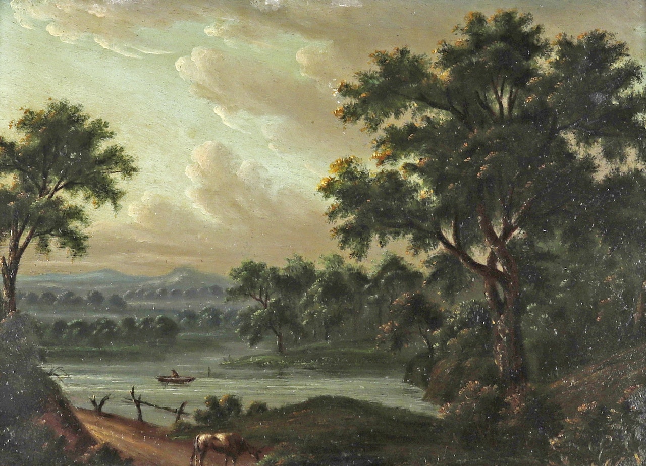 Landscape with a cow drinking from a river; Landscape with a cow on a path by Dutch School