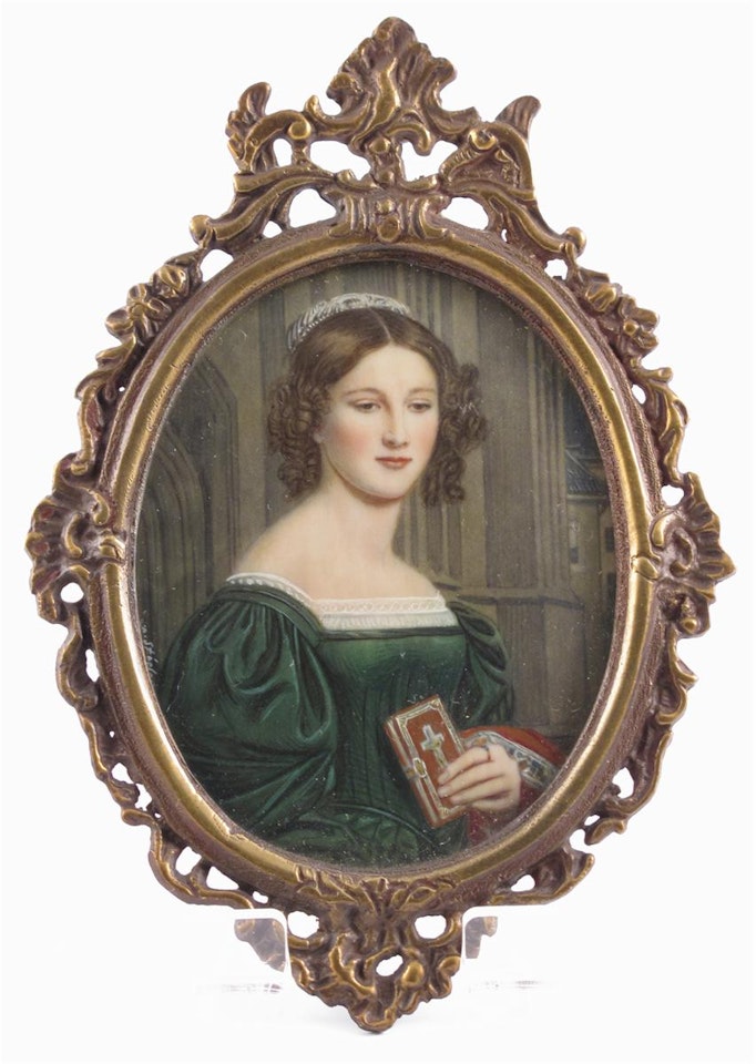 A lady in a green dress holding a prayer book by English School